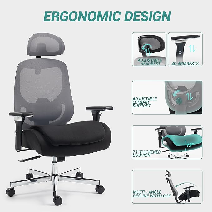 750 LBS Big and Tall Office Chair, Heavy Duty Executive Chair w/4D Arms, Ergonomic Computer Home Desk Chair, Swivel Mesh Chair w/2D Lumbar Support, Adjustable Headrest, Tilt Lock-Black and Grey