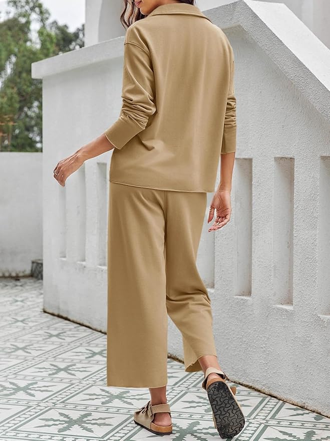Imily Bela Womens 2 Piece Outfits Sweatsuit Long Sleeve Lapel V Neck Shirt and Wide Leg Pants 2025 Fall Trendy Tracksuit