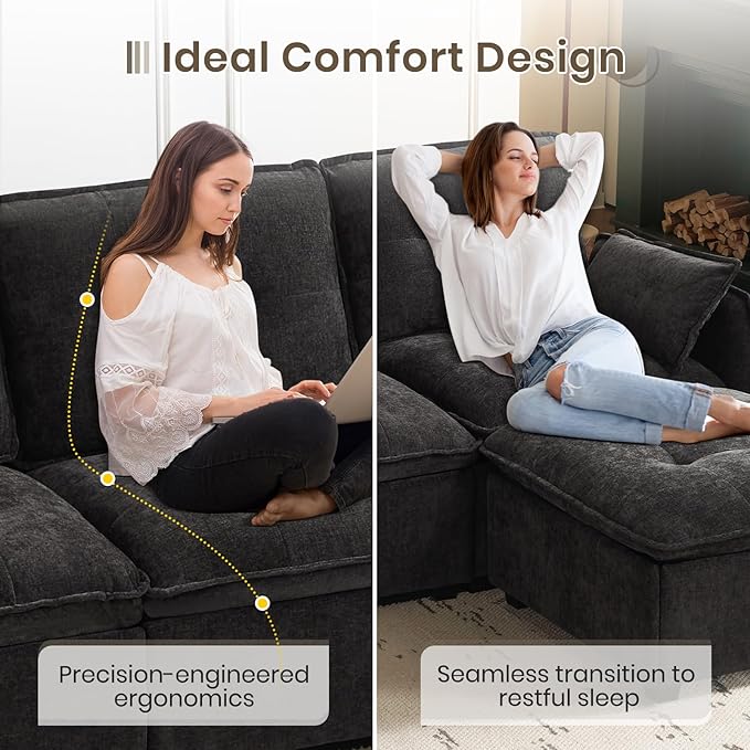 PALLOME 96" Modular L-Shaped Sofa - 3-Seat Cloud Couch with Movable Ottoman, Extra Deep Seat Sofa Couch with Throw Pillows for Living Room & Small Spaces (Black, 3-Seat + Ottoman)