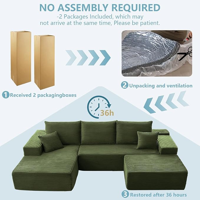 107" W Cloud Sectional Couch with Ottoman,Modern U-Shaped Cloud Couch with Deep Seat,Comfy Corduroy 3-Seater Sofa,Memory Foam Sofa for Living Room,No Assembly (Green,Right-Facing Chaise)