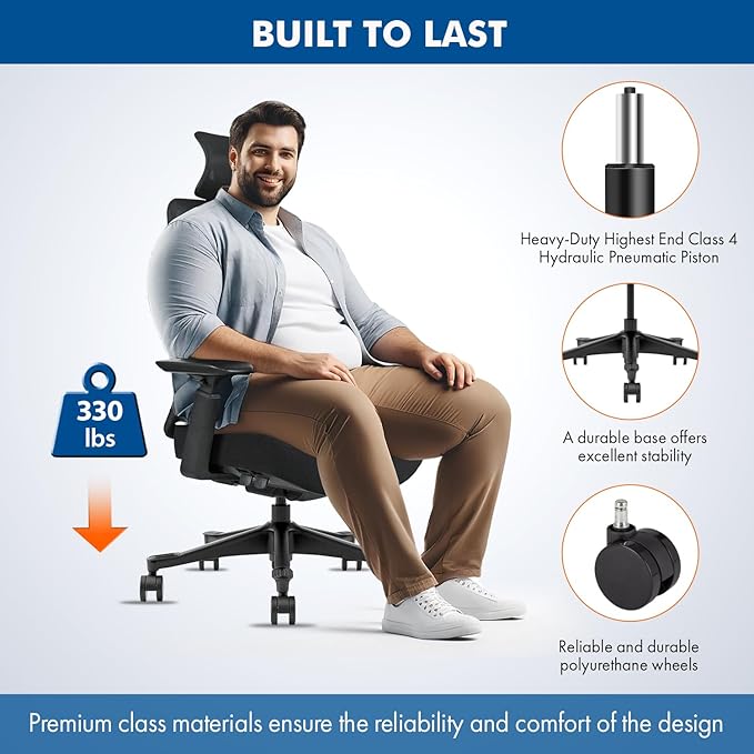 Mesh Office Chair with Headrest – Ergonomic Office Chair with Lumbar Support, Adjustable 3D Arms & Soft Seat – Holds Up to 330lbs (Gray)