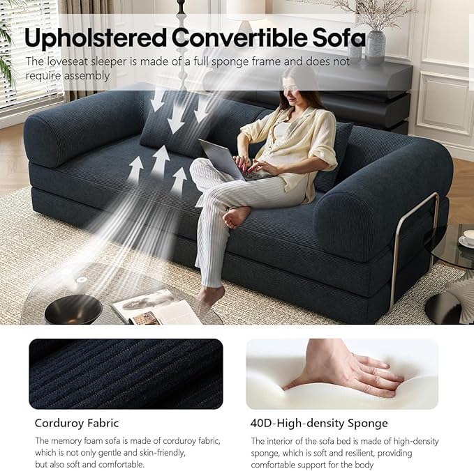 YUODL 78.8" Modular Sofa Bed - 4-in-1 Convertible Design with Corduroy Fabric and High Density Sponge, Removable Cover and Fixed Frame