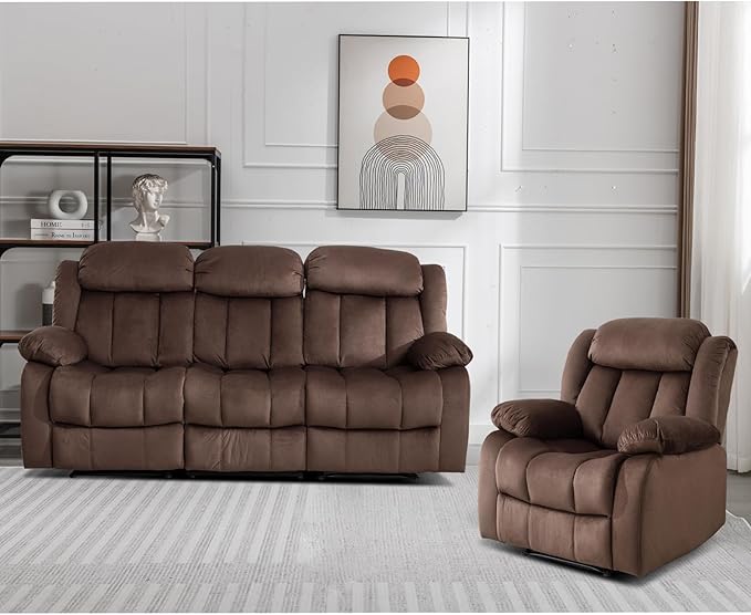 EBELLO Manual Reclining Sofa Set, Classic Recliner Sofa with Overstuffed Arms and Backrest, Include 1 Recliner Chair and 1 3-Seat Couch, Brown