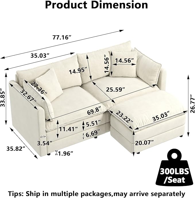 Aoowow Modular Sectional Sofa Modern Convertible Loveseat Couch,77.16 Inch Deep 2-Seater Sofas Comfy Chenille Cloud Sofas and Couches Set with Movable Ottoman for Living Room Apartment（Beige）