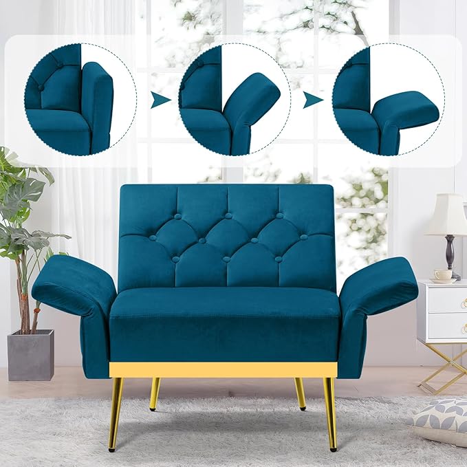 ACMEASE Velvet Accent Chair w/Adjustable Armrests and Backrests, Tufted Single Sofa with Ottoman, Upholstered Reading Chiar for Living Room, Apartment, Bedroom, Teal