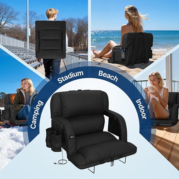 DEKEMASTER Heated Stadium Seats for Bleachers with Back Support Exclusive Sofa Style Design with Extra Thick Back and Cushion, Bleacher Chairs, 6 Reclining Positions for Sport Events Camping