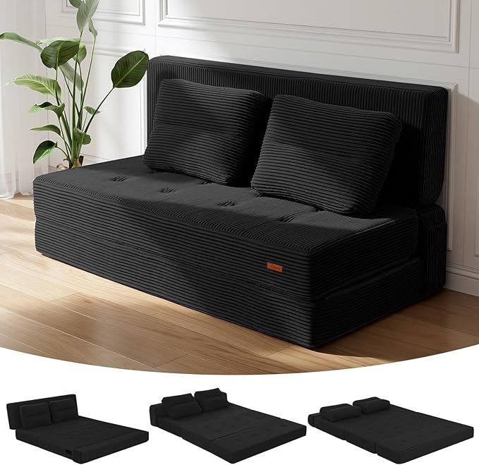 COMAX Folding Sofa Bed, Foldable Couch for Bedroom, Convertible Floor Sleeper Futon Chair Foam, Corduroy 3 in 1 Fold Out Chair Portable Comfy Lounge Couch Sofa Bed for Small Space, Full, Black
