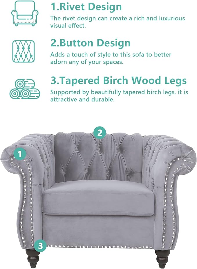 QHITTY Accent Chair, Chesterfield Chair Modern Velvet Upholstered Chairs with Tufted Back for Living Room Furniture (Grey)