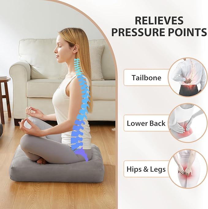 SM-XLHN Meditation Floor Pillow Set of 2, Square Large Pillows Seating for Adults, Meditation Cushion Pillow,Tufted Corduroy Cushion for Tatami Living Room or Yoga, Light Gray, 22x22 Inch