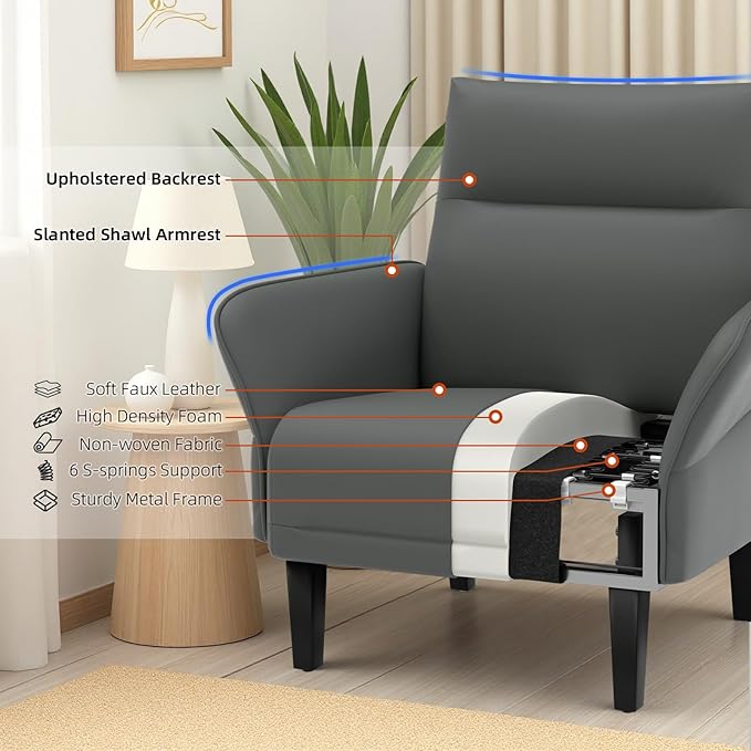 2-Pack Faux Leather Accent Sofas, Slanted Shawl Armchairs with Wide Armrests & Wooden Legs, Gray Sofa Chairs Set for Living Room, Bedroom, Small Spaces
