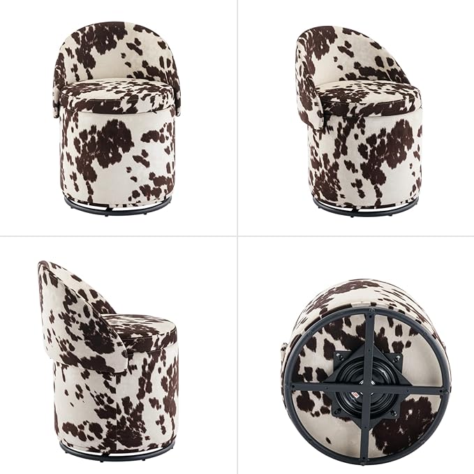 Modern Swivel Ottoman Vanity Chair, Linen Upholstered Barrel Club 360°Degree Swivel Side Stool with Storage, Comfy Makeup Stool for Bedroom Living Room, Milk Cow