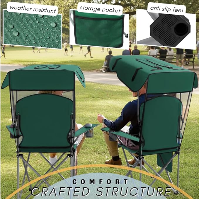 CozyBox Portable Folding Camping Chairs with Canopy Shade, Beach Chair for Adults, Durable Weather Resistant 600D Oxford Cloth, Camping Chair with Canopy for Outdoors [Green-2 Pack]