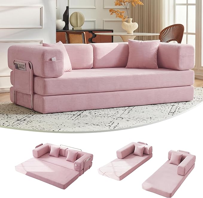 79" Convertible Sofa Bed with Pillows, Corduroy Folding Sleeper Sofa with Fixed-Shape Frame, Boneless Couch for Living Room Bedroom, Floor Sofa Lounge No Assembly Required (A - Style - Pink)