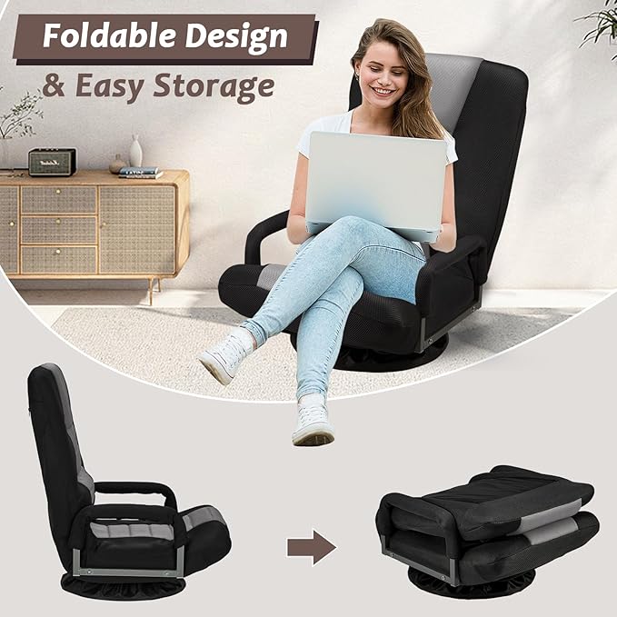 360° Swivel Chair 6 Adjustable Positions Backrest with Armrest Foldable Floor Chairs Suitable for Reading, Relaxing, Mediation,Grey