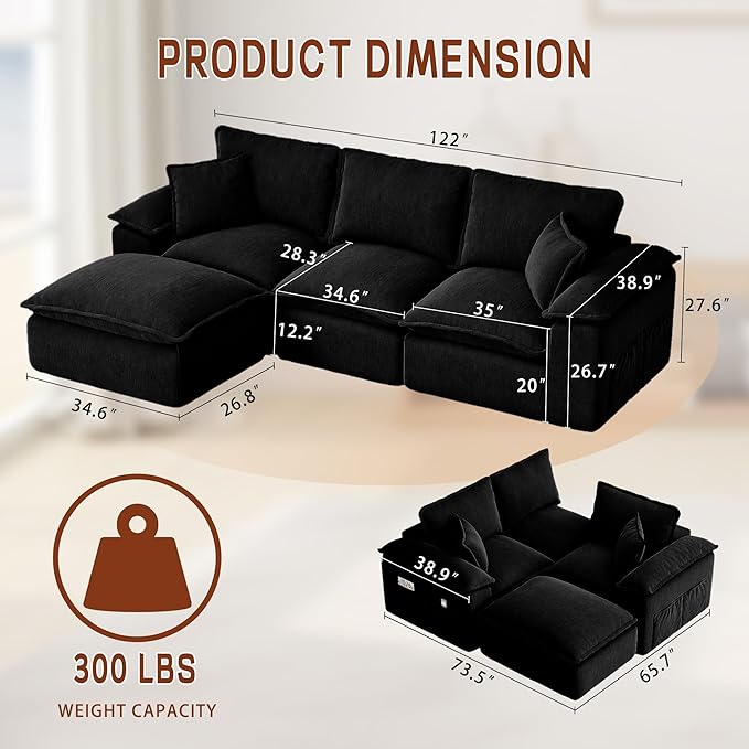 Korser 122" Sectional Couches for Living Room, Modular Boneless Sofa, Cloud Sofa, Fluffy Cushions, Double-Layer Cushioned, with Convertible Ottoman