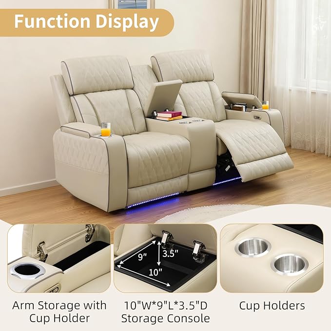 Caberryne Power Recliner Sofa Set with LED Lights,Leather Reclining Couch and Loveseat Set with USB Port/Coffee Table/Cup Holder,Living Room Set with 4 Recliner Seats for House(2 Piece Set,Paddy)