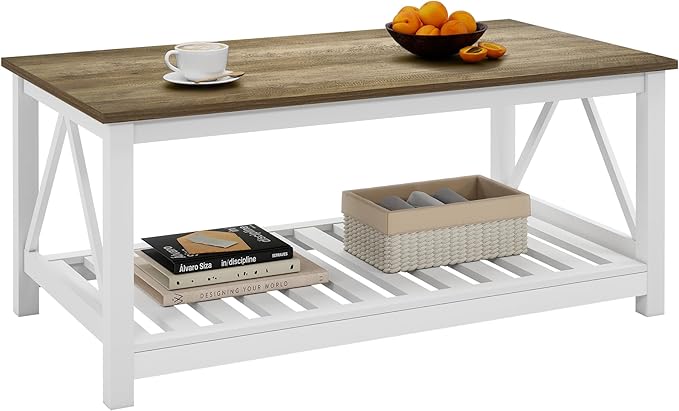 UYIHOME Farmhouse Coffee Table for Living Room, 2-Tier Rectangular Wooden Centre Cocktail Table with Slats Shelf Storage and V-Shaped Frame (Walnut Top)