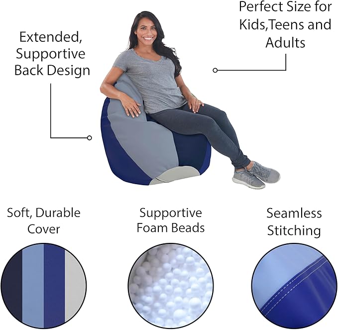 FDP SoftScape Dew Drop Bean Bag Chair with Supportive High-Back Design, For Kids, Teens and Adults, Alternative Seating for Dorms, Schools, Libraries, Daycares or Home- Navy/Powder Blue