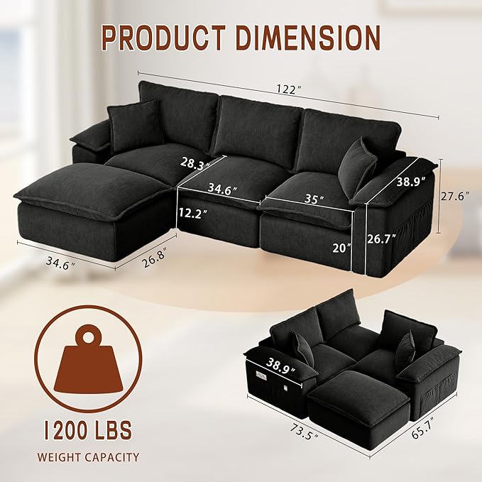Korser 122" Sectional Couches for Living Room, Modular Boneless Sofa, Cloud Sofa, Fluffy Cushions, Double-Layer Cushioned, with Convertible Ottoman