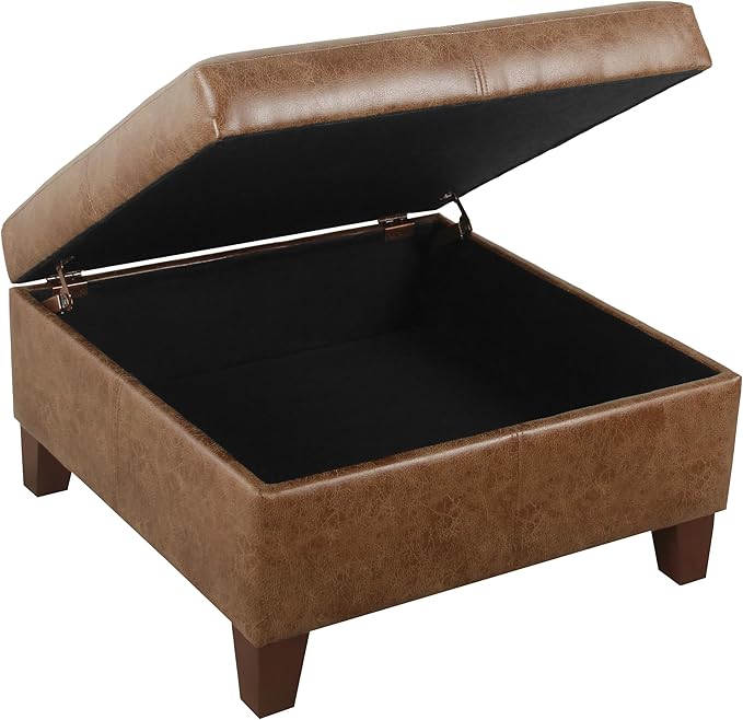 HomePop Faux Leather Square Storage Ottoman with Wood Legs, Brown