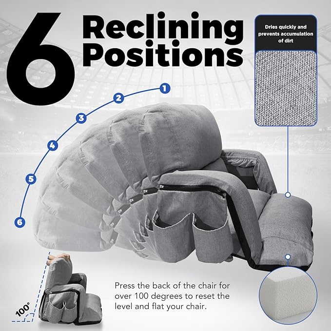 Wide Stadium Seats with Back Support, Exclusive Sofa Style Design Extra Thick Bleacher Chairs with Back and Cushion, 6 Reclining Positions - Ultimate Comfort for Sports Events (Grey, 25")