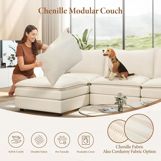 Vesgantti 142" Oversized Sectional Sofa Bed, 8-Seater Modular Sleeper Cloud Couch with Movable Ottoman, Chenille Convertible Sofa Set Deep Seat Couches for Living Room, Bedroom and Apartment, Beige