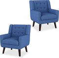 Accent Chairs Set of 2, Mid-Century Modern Upholstered Living Room Armchair, Comfy Linen Fabric Single Reading Arm Chair with Tufted Back and Wood Legs for Bedroom, Club (2, Navy)