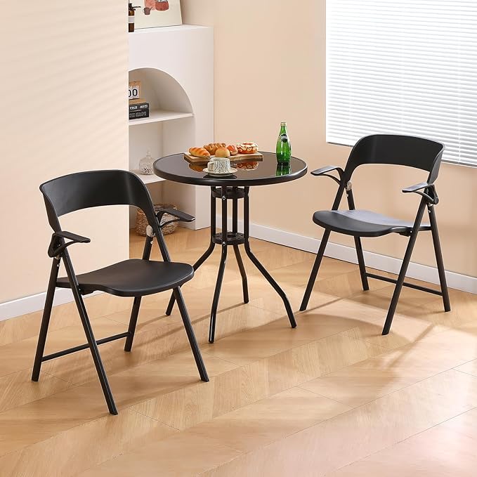 Folding Office Chair, Plastic Folding Chairs with Detachable Armrest, Stackable Dining Chairs, Portable Foldable Chair for Indoor, Outdoor, Wedding, Party, Picnic, Yard, Garden (Black, 4Pack)