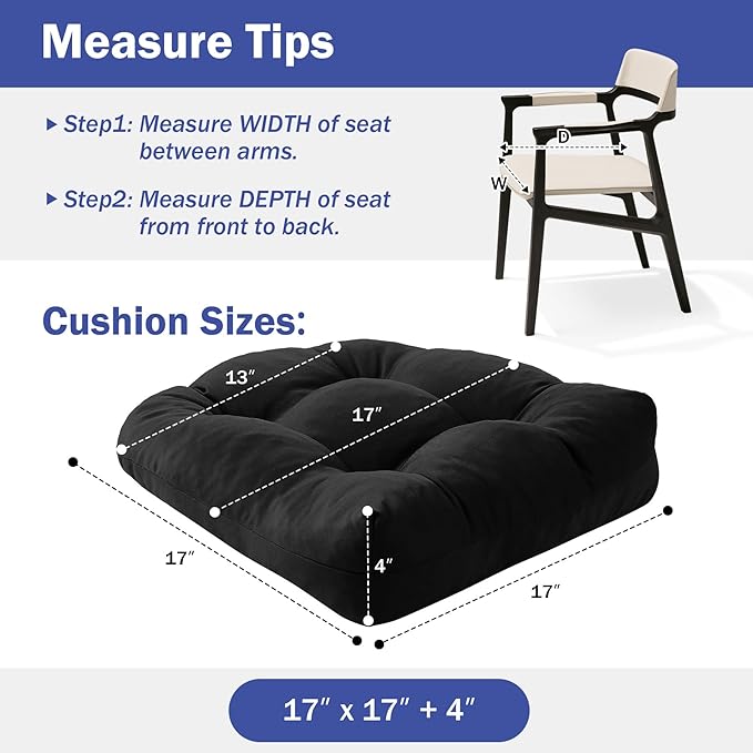 IPYNBAP Outdoor Chair Cushions Set of 2, Patio Chair Cushions with Ties, 17x17+4” Tufted Outdoor Seat Cushions, Waterproof Patio Furniture Cushions, Outdoor Dining Chair Pads, Black