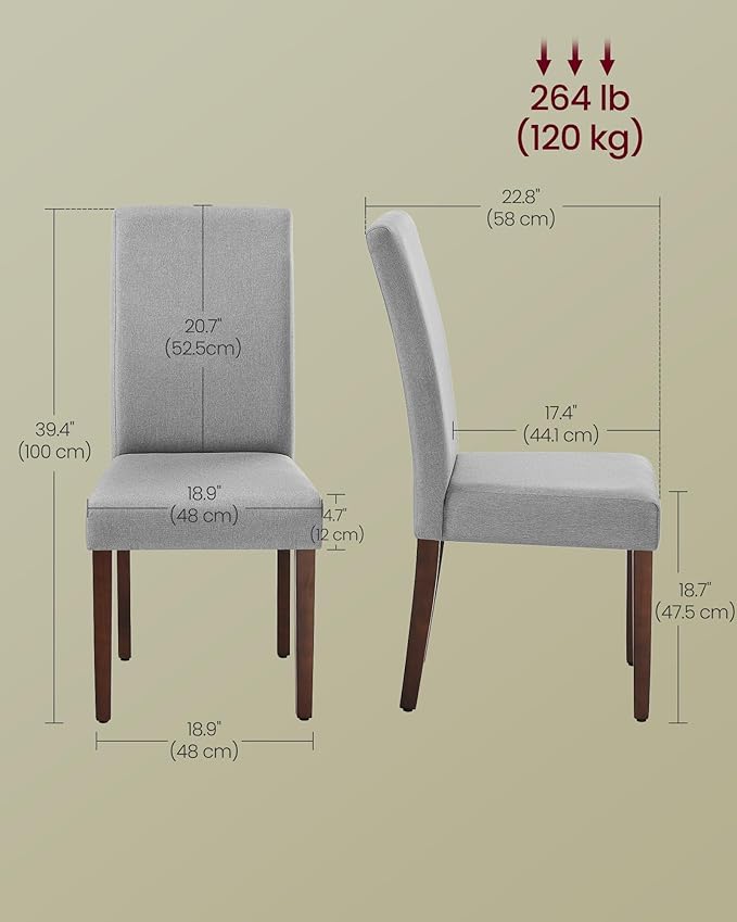 VASAGLE Dining Chairs, Parsons Chairs with Removable Fabric Cover, High Back, for Dining Room Kitchen, Set of 4, Thick Seat, 22.8 x 18.9 x 39.4 Inches, Dove Gray UKDC152G14