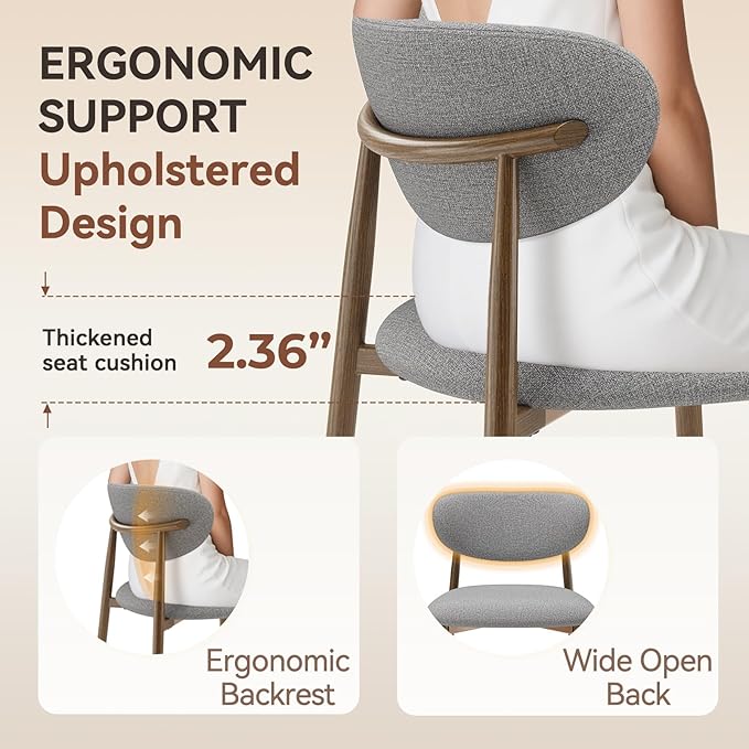 Dining Chairs Set of 2, Curved Back Kitchen Room Chairs with Metal Legs and Anti Slip Pads, Upholstered Dining Chair for Home and Restaurant, Light Grey