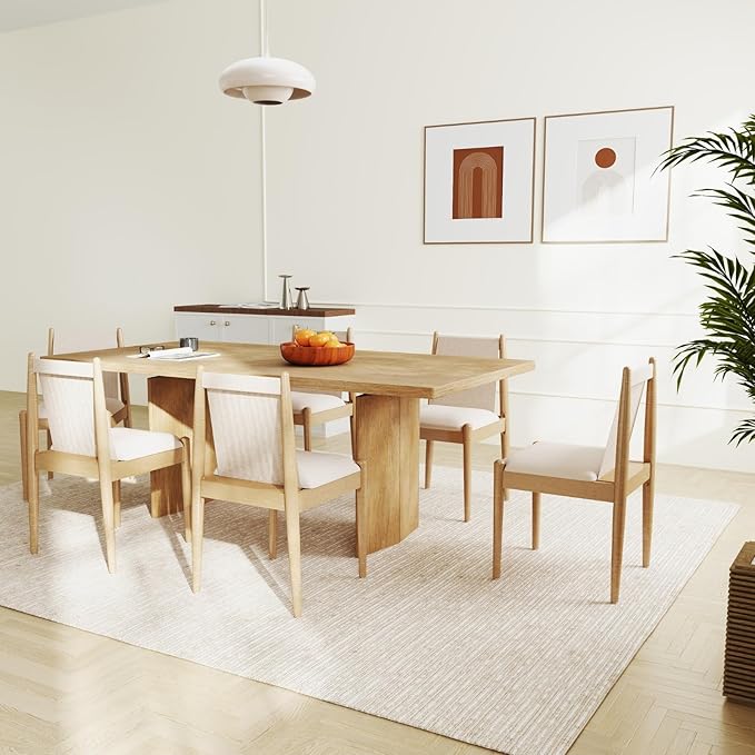 DUOMAY Upholstered Linen Beige Dining Chairs Set of 6, Wooden Armless Kitchen Chairs with Natural Legs and Sturdy Frame for Dining Room, Restaurant, Living Room