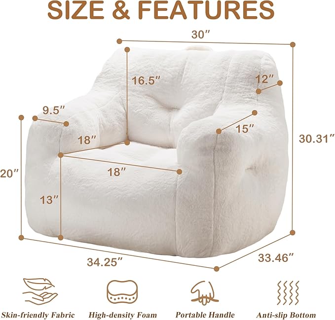 Hobestluk Bean Bag Chair for Adult Small Bean Bag Chairs with Arms Furry Beanbag Chair with Foam Filler Stuffed Bean Bag Sofa for Reading in Bedroom Living Room and Dorms(White)