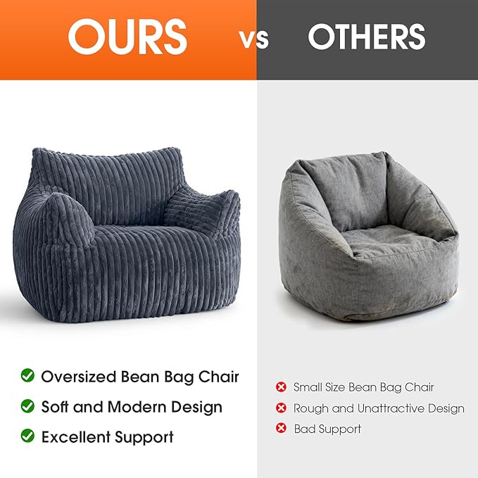 Giant Bean Bag Chair with Ottoman, Oversized Plush Comfy Bean Bag Sofa for Adults and Kids, Memory Foam Mini Couch Single Lounges for Living Room, Bedroom & Game Room(Gray)