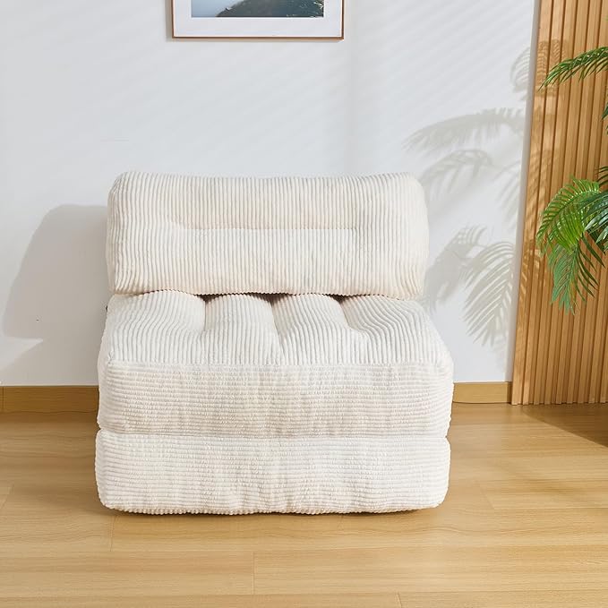 Kisoy Folding Sofa Bed, Convertible Sleeper Chair Couch Bed Faux Rabbit Fur for Adults, with Back Support Floor Couch Comfy Floor Sofa for Living Room Bedroom, Ivory, Single