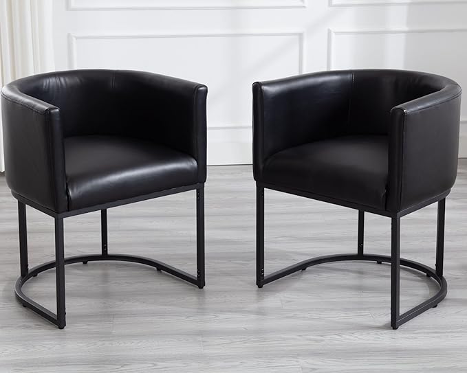 VESCASA Faux Leather Upholstered Dining Chairs with Barrel Back, Modern Padded Restaurant Chairs with Black Metal Frame for Kitchen, Dining Room, Set of 3, Black