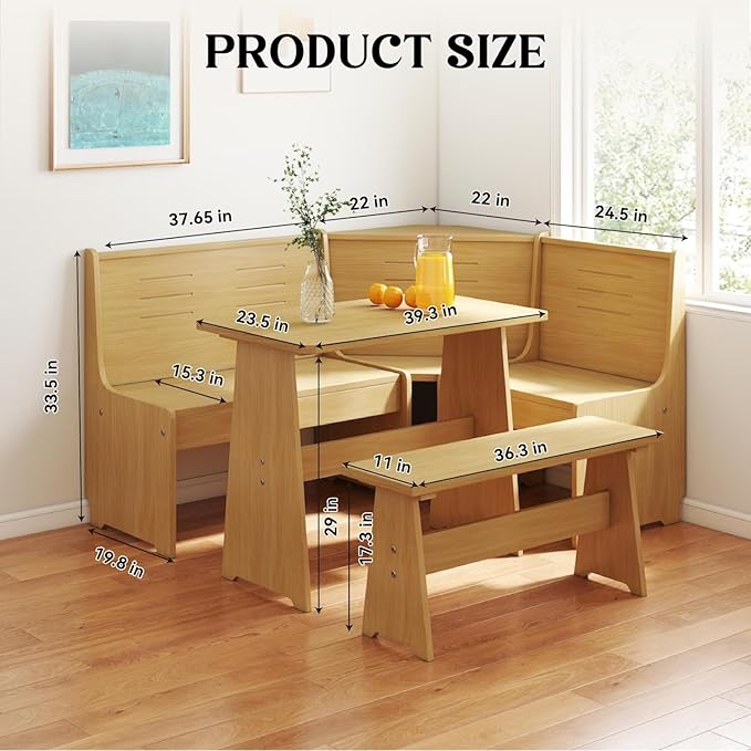 Breakfast Nook Corner Dining Table Kitchen Bench Chair Set, Space-Saving 3-5 People Seat Reversible L-Shape for Family Home Natural Wood