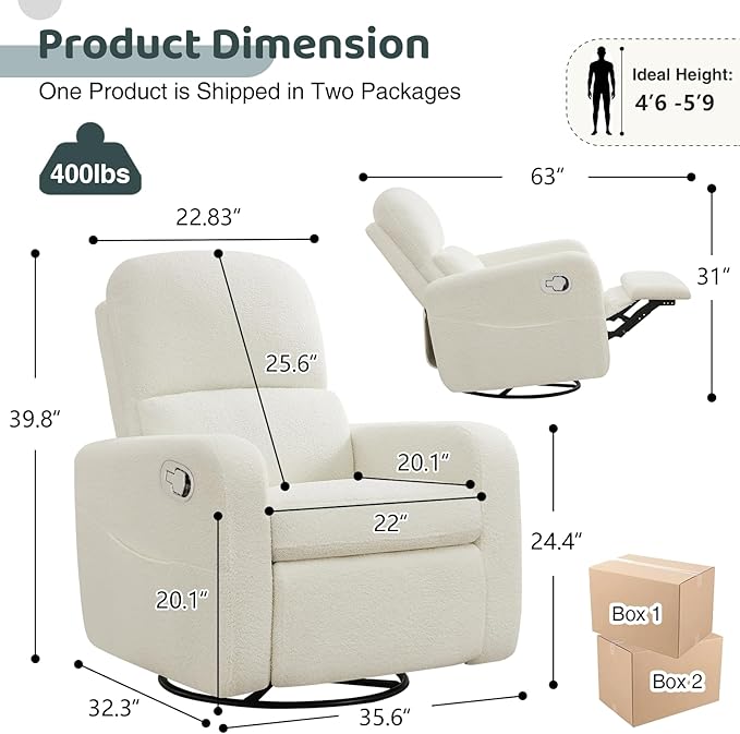 AEMEIOS Swivel Rocker Recliner, Oversized Boucle Glider Recliner Nursery, Manual Swivel Rocking Reclining Chairs with Removable Cushion and Lumbar Support for Nursery Living Room Bedroom, Teddy White