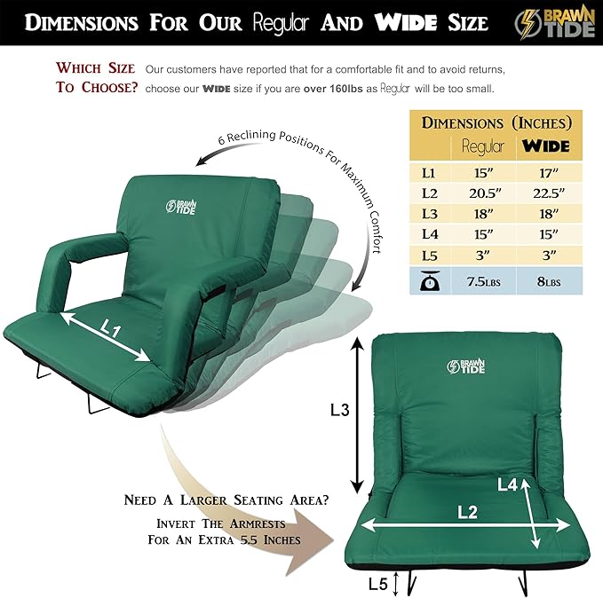 BRAWNTIDE Stadium Seat with Back Support - Comfy Cushion, Thick Padding, 2 Steel Bleacher Hooks, 4 Pockets, 2 Cup Holders, Reclining Back, Ideal Chair for Sport Events, Beaches, Camping, Concerts
