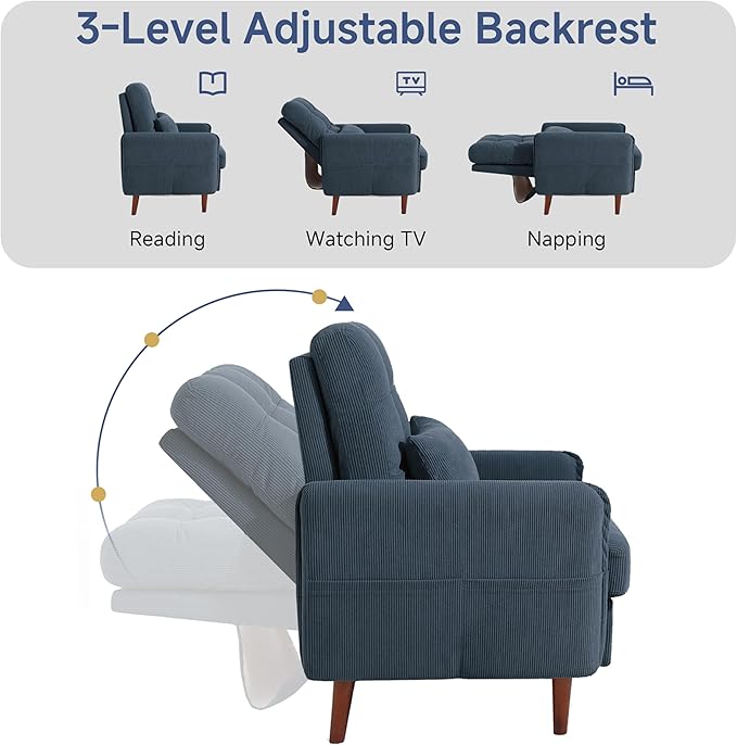 Lumibee Accent Chair with Storage Ottoman, Upholstered Comfy Reading Chair with Adjustable Reclining Backrest, Corduroy Fabric Lounge Chair Armchair for Living Room Bedroom, Set of 2, Navy