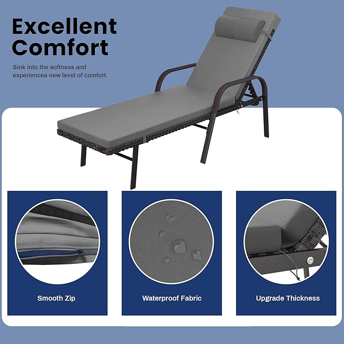 Trumbeak Patio Chaise Lounge Set 3 Pieces Pool Lounge Chairs,Cushioned Outdoor Folding Lounge Chair w/Arm and Rattan Adjustable Backrest for Poolside Porch,Folding Table Included,Grey