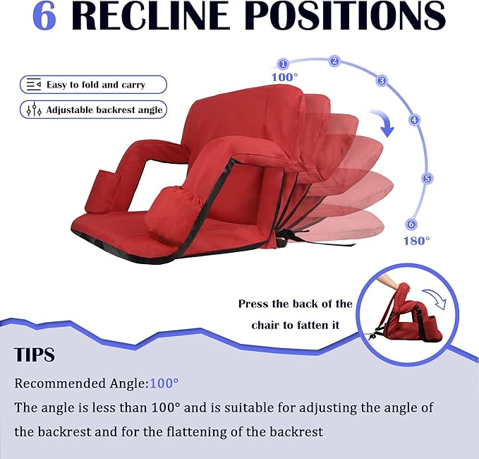 Anmiro Stadium Seats with Back Support Bleacher Chairs with Back and Extra Wide Cushion Thick Padded Bleacher Portable Reclining Seats for Football, Baseball and Basketball (Red, Small)