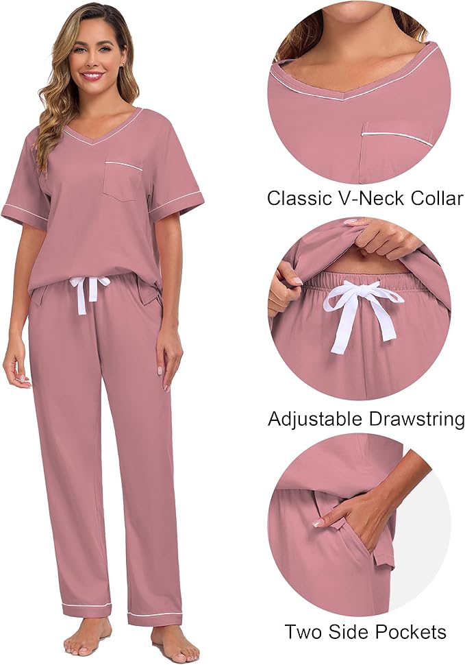 CF Women's 100% Cotton Pajama Sets Soft Short Sleeve Tops & Pants Comfy Sleepwear 2 Piece Lounge set with Pockets Loungewear