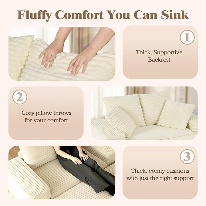 Indoor Chaise Lounge Chair With Storage Ottoman, Modern 60-Inch Lounge Sofa Chair With Wide Armrests & 4 Pillows, Oversized Comfy Reading Lounger For Living Room, Bedroom（Wide-Rib Corduroy Beige)