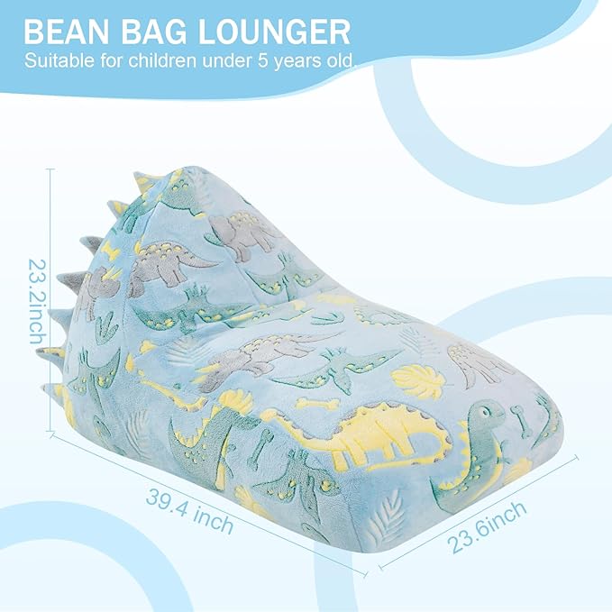 COMAX Dinosaur Bean Bag Chairs for Kids, Kid Beanbag Chair with Filler, Toddler Lounge Bean Chair, Children Lazy Floor Lounger for Girls Boys, Glowing Blue Dino