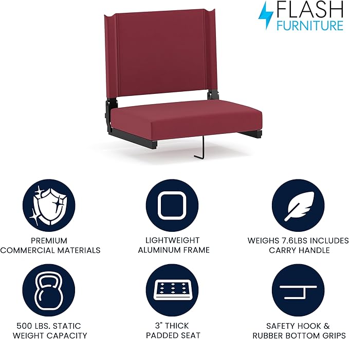 Flash Furniture Grandstand Portable Stadium Seat for Bleachers or Benches, Folding Padded Stadium Chair with Carrying Handle, 500 lb. Weight Capacity, Maroon