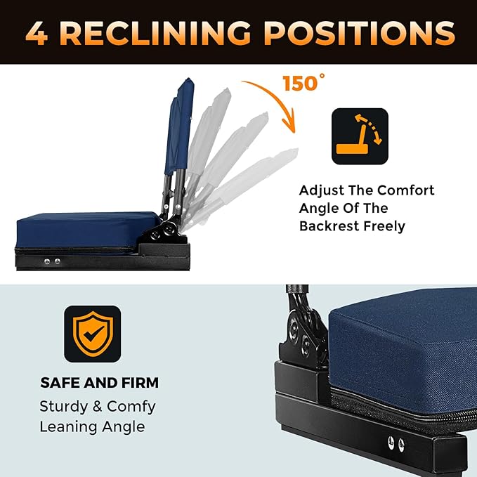 behairity Adjustable Stadium Seats with Back Support – 4-Position Reclining Bleacher Chairs with Padded Cushion, Foldable Portable Stadium Chair with Front Pocket and Shoulder Strap (Navy Blue)