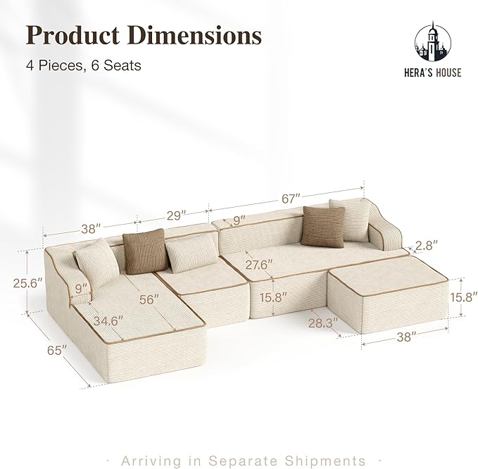 HERA'S HOUSE 134" Cloud Sectional Couch, U-Shaped Modular Upholstered Sofa with Ottoman, Corduroy Boneless Couches with Wide Armrest and 6 Throw Pillows for Living Room, No Assembly Required, Beige