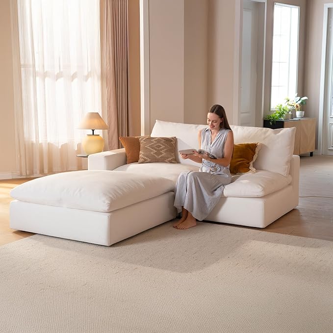 Vorthio Cloud Couch Sectional Oversized Modular Sofa with 35'' Deep Seat Boneless Couch L-Shape Comfy Sofa Stain-Resistant White Sectional Couches for Living Room Apartment Loveseat with Ottoman