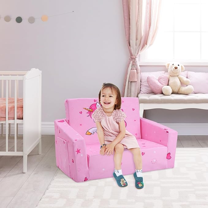 decalsweet Kids Couch Foldable Kids Sofa 2 in 1 Children Convertible Sofas to Lounger Fold Out Toddlers Sofa Bed for Playroom Bedroom Living Rooms Boys and Girls